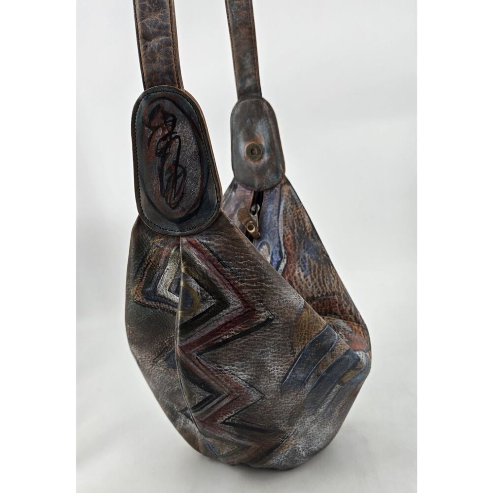 Jane Yoo Vintage Wearable Art Hand Painted Leather Crossbody Bucket Bag Purse - Picture 2 of 16